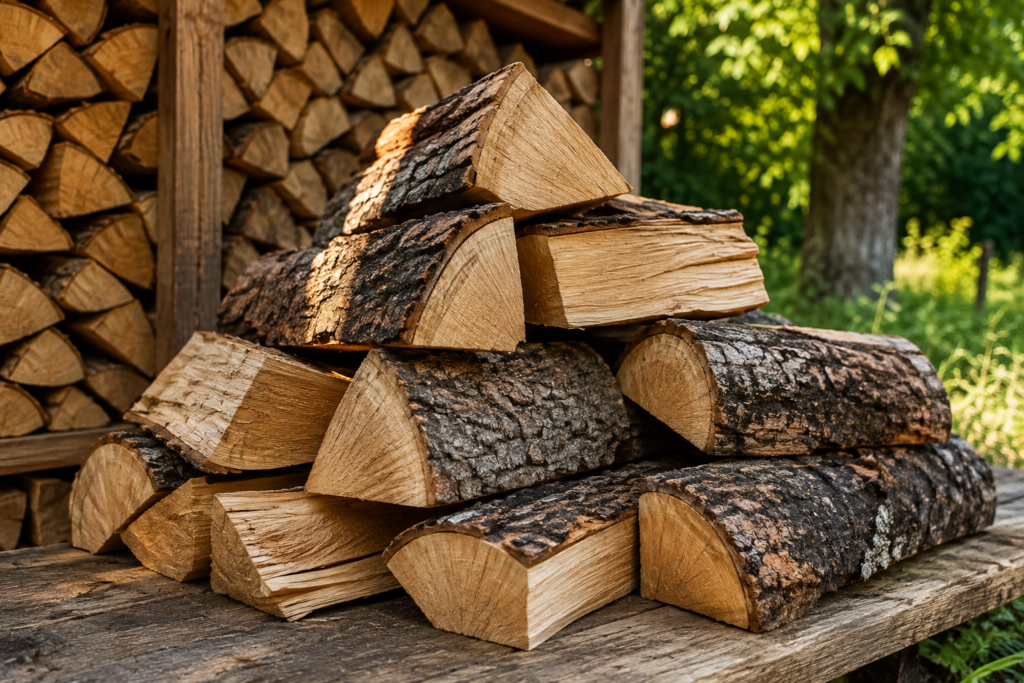 Bois de chauffage empilé au soleil