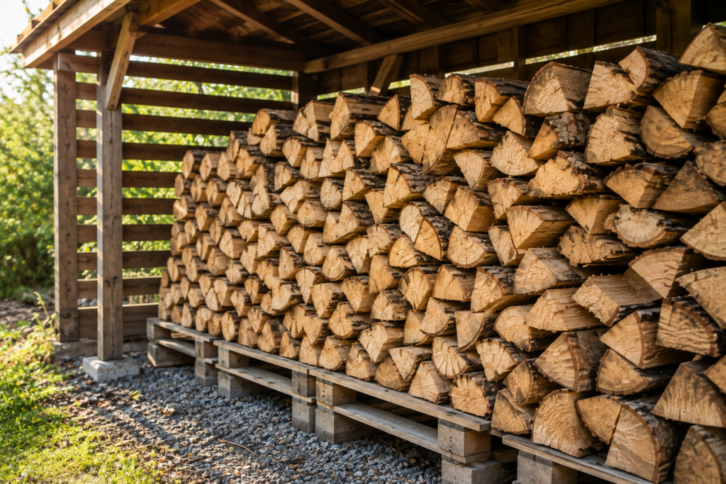 Bois de chauffage sous abri rustique